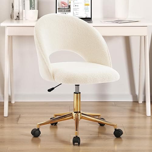 Furnimart Swivel Rolling Desk Chair, Adjustable Faux Fur Vanity Chair with Gold Legs, Cute Task Chair with Wheels for Living Room Bedroom Studying Small Places (Faux Fur White) thumbnail 9