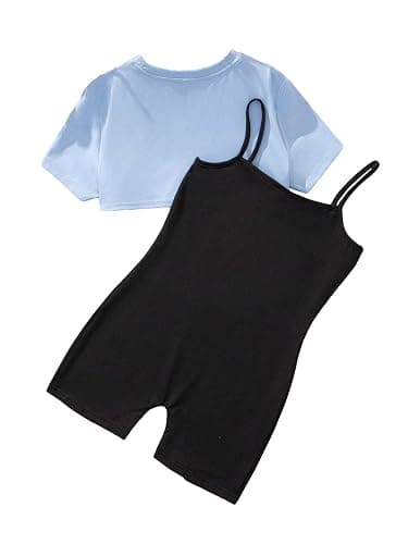 SweatyRocks Girl's 2 Piece Outfits Cut Out Short Sleeve Crop Top and Heart Print Cami Short Jumpsuit Set - 10Y - Multicolor thumbnail 2