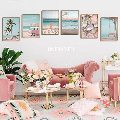 6Pcs Pink Coastal Beachy Wall Art Coastal Granddaughter Ocean Preppy Room Wall Decor Beach Aesthetic Paintings Pictures Posters Prints Artwork for Teen Girls Dorm Home Decoration(8x10 in Poster) thumbnail 3