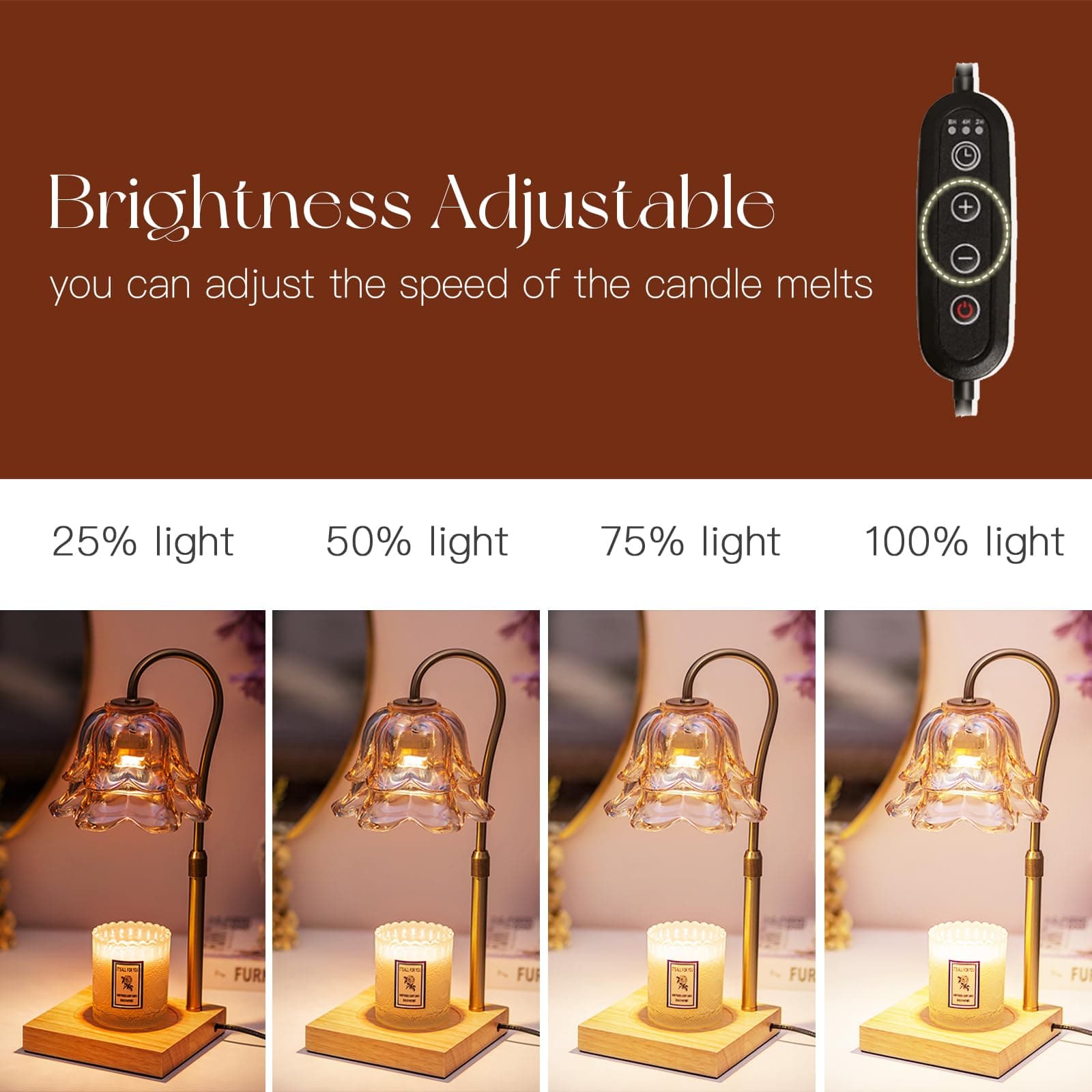 Candeldo Candle Warmer Lamp with Timer, Gold Flower Glass Shade thumbnail 4