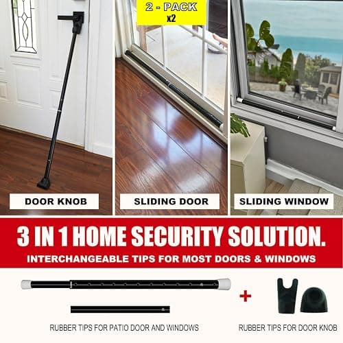 SecurityMan 2-in-1 Door Security Bar & Sliding Patio Door Security Bar (2 Pack) via Interchangeable Caps - Constructed of High Grade Iron - Black thumbnail 2