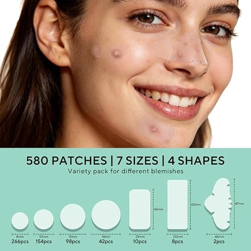 QUSTERE 580 Count Pimple Patches for Face, Large Hydrocolloid Acne Patches Stickers Bandages, Blemishes Zit Breakouts for Cheeks, Forehead, Chin, Nose for Full Face & Body | 7 Sizes | 4 Shapes thumbnail 2