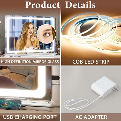 FENNIO Vanity Mirror with Lights 32"x22", Lighted Makeup Mirror, Large Vanity Mirror with Lights, Touch Sensor with 3-Color Lighting, USB Charging Port for Vanity Desk Tabletop thumbnail 7