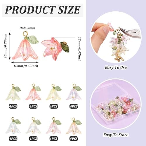 Cheriswelry 32Pcs Acrylic Flower Pendants Lily Floral Plastic Dangle Charms with Pearl Beads 20mm 8 Colors for DIY Crafts Necklace Earring Jewelry Making Decoration thumbnail 2