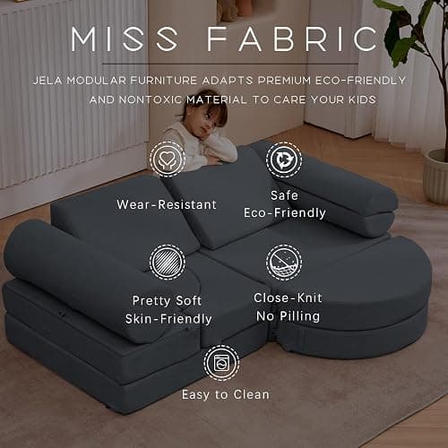 jela Kids Couch 14PCS Luxury, Floor Sofa Modular Furniture for Adults, Playhouse Play Set for Toddlers Babies, Modular Foam Play Couch, Modular Sofa (Charcoal, 57"x28"x18") thumbnail 5