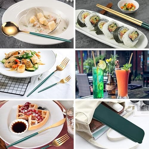 AARAINBOW 8 Pieces Stainless Steel Flatware Set Portable Reusable Cutlery Set Travel Utensils Set Including Chopsticks Knife Fork Spoon Straws Cleaning Brush Dishwasher Safe (Green Golden) thumbnail 4
