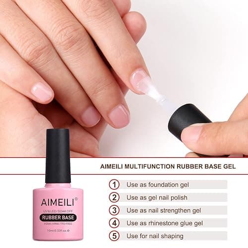 AIMEILI Rubber Base Gel For Nails, Soak Off U V LED Hema Free Clear Sheer Gel Nail Polish, 4 in 1 Nail Strengthen/Enhance/Base Coat/Color Gel Polish Set Of 6pcs X 10ml - Kit 54 thumbnail 3