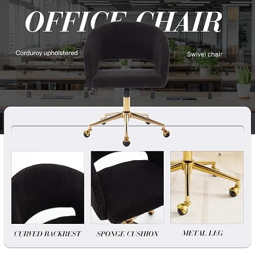 Home Office Chair Swivel Velvet Desk Chair Accent Armchair Upholstered Modern Tufted Chairs with Gold Base for Girls Women Ergonomic Study Seat Computer Task Stools for Living Room(Black) thumbnail 7