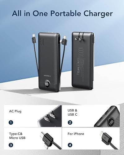 VEGER Portable Charger for iPhone Built in Cables and Wall Plug, 10000mah Slim Fast Charging USB C Power Bank, Travel Essential Battery Pack Compatible with iPhones, iPad, Samsung More Devices(Black) thumbnail 2