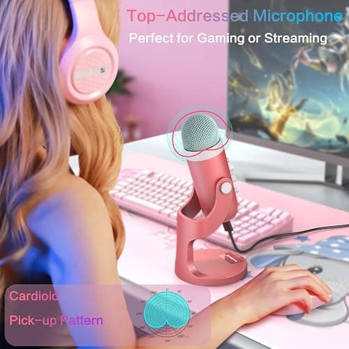 ZealSound Gaming USB Pink Microphone with Quick Mute for Phone Computer PC PS5,Studio Mic with Gain Control,Echo&Monitor Volume Adjust for Streaming Vocal Recording ASMR Podcast Video K66 thumbnail 6