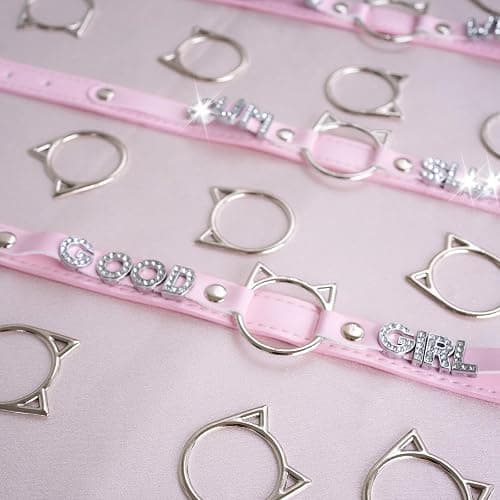 ADEMISHIA Black O-ring Choker Collar For Women, Pink Vegan Leather Choker Necklace Jewelry with Cat-shaped Ring and Rhinestone Letters - Pink - DADDYS thumbnail 8