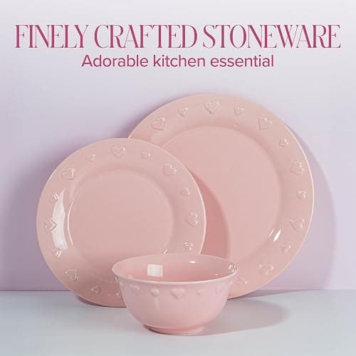 Paris Hilton 12-Piece Dinnerware Set, Embossed Hearts. Iconic Ceramic Stoneware Service for 4 with Dinner Plates, Salad Plates, and Bowls, Microwave & Dishwasher Safe, Pink thumbnail 5