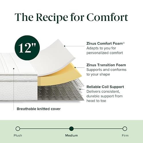 Zinus 12 Inch Foam and Spring Hybrid Mattress [New Version], Queen, Fiberglass Free, Medium Firmness, Durable Support, Certified Safe Foams & Fabric, Mattress in A Box thumbnail 10