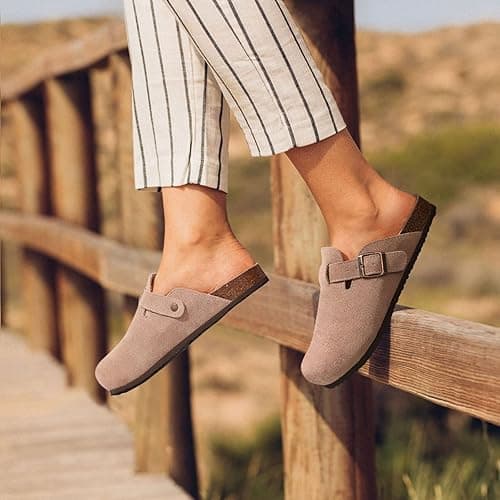 KIDMI Women's Suede Clogs Leather Mules Cork Footbed Sandals Potato Shoes with Arch Support - 8.5 - Taupe thumbnail 2