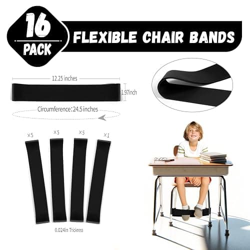 WNSIRVY 16 Pack Chair Bands for Kids with Fidgety Feet, ADHD Tools for Kids, Improve Focus & Reduce Restlessness, Chair Bands for Sensory ADHD ADD Autism - Classroom & Home Must Haves (Black) - Black - 16 Pack thumbnail 2