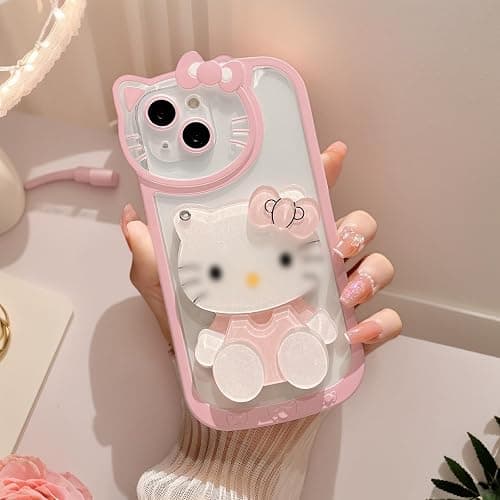 Olntun for iPhone 16 Cute Cartoon Case,Women Girls Kids 3D Bow Kawaii Pink Cat Face Makeup Mirror Soft TPU Clear Protective Phone Cover for iPhone 13 6.1inch - Image 1