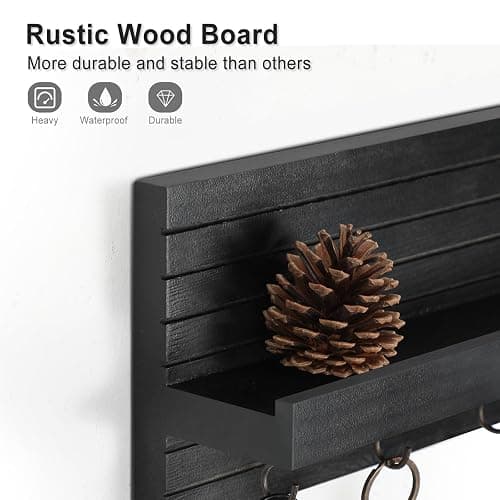 Lwenki Decorative Key Holder for Wall with Shelf, Entryway Shelf with Hooks Holds Leashes, Jackets and Glasses – Sturdy Wood Keyholder Entrance Hanger with Mounting Hardware (Black, Medium) thumbnail 4