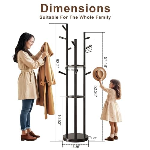 Muwuele Solid Wood Rotary Coat Rack, Freestanding Coat Rack with 3 Shelves and 9 Hooks, Coat tree for Bedroom, Entryway, Livingroom, Coat Hanger Stand for Coats, Scarves, Handbags (Black) thumbnail 2