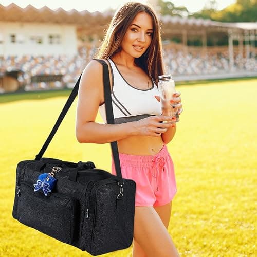 Aliceset Glitter Cheer Duffel Bag with Bow Keychain Cheerleading Ballet Dance Bag Gym Gear Sport Cheerleaders Gift Cheer Comp Day Competition Must Haves(Black) thumbnail 2