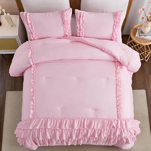 Herside Light Pink Comforter Set King Size,Waterfall Ruffle Shabby Chic Bedding Set,Soft Fluffy Boho Comforter Set for All Season,Vintage Ruffled 3 PCS Lightweight Quilt Set for Women Girls thumbnail 4
