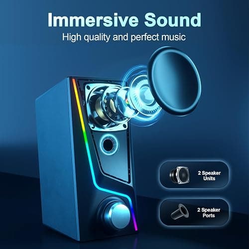Nylavee Computer Speakers with Subwoofer, 2.1 Hi-Fi PC Speakers System with 6 Lighting Modes, Enhanced Bass, Plug and Play, USB/USB-C Powered and 3.5mm Aux in for Desktop, Monitor, Laptop, Tablet thumbnail 2