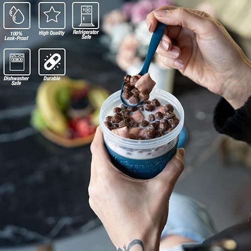 EYNEL 4 Pack Reusable On The Go Yogurt Parfait Cups, Breakfast Plastic Containers with Lids and Spoons, Perfect Jars for Overnight Oats Cereal Granola Oatmeal Smoothies and Snack Prep thumbnail 3