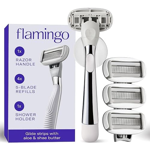 Flamingo Shaving Razor Set for Women - Razor Handle, 4 Razor Blade Refills, Shower Holder - Chrome - Image 1