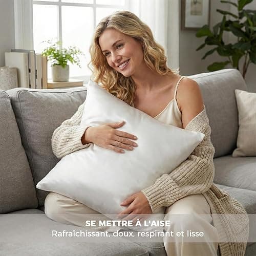 Taie Oreiller 65x65 Satin - Similaire aux Taie d Oreiller en Soie Lot de 2, Prend Soin de Votre Peau et de Vos Cheveux, Housse Coussin Satin Protege Oreiller (Blanc Naturel, 65x65cm) thumbnail 4