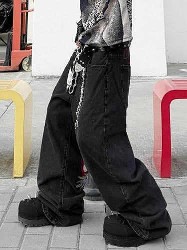 Mrmall Men's Baggy Jeans Denim Wide Leg Pants with Embroidery Y2K Streetwear Skateboard Jeans for Men thumbnail 4
