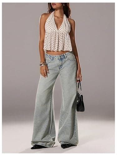 Milumia Women's Polka Dots Tie Backless Halter Top Deep V Neck Ruffle Hem Peplum Going Out Party Club Crop Tank Tops thumbnail 5