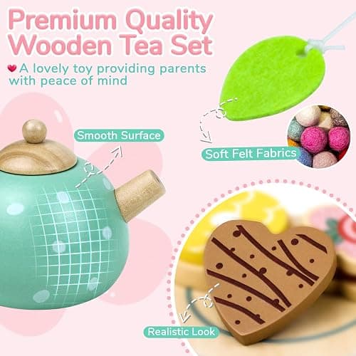 Wooden Tea Set for Little Girls Play Food Pretend Play Kitchen Accessories for 3 4 5 Years Old Girls and Boys Toddler Princess Tea Time Party Food Toys thumbnail 3