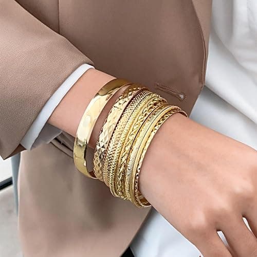 10 Pack Gold Bangles for Women,Stackable Bracelet Set,Stylish Boho Gold Bracelet Stack,Women Jewellery, Diameter: 2.6-2.7in/6.8-7cm thumbnail 4
