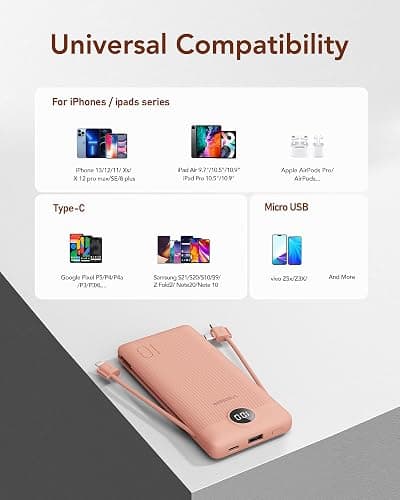 VEGER Portable Charger with Built-in AC Plug and Cables, All in One 10000mAh Ultra Slim Power Bank Travel Essentials, Fast Charging Battery Pack Compatible with iPhone, Samsung, More(Dark Pink) thumbnail 6