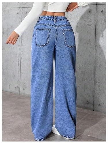 GORGLITTER Girl's Cute Baggy Wide Leg Jeans Elastic High Waisted Denim Pants Bottoms with Pockets thumbnail 3