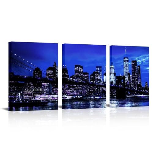 sechars New York City Wall Art Canvas Black and White Blue Brooklyn Bridge Night Skyline Picture Print Modern Cityscape Painting for Home Office Decor (Small) (Blue) - Image 1