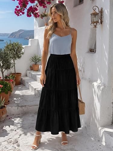 ATOFY Women's White Maxi Skirt Summer Boho Long Flowy Pleated Tiered High Waist A-Line Flared Skirts thumbnail 7