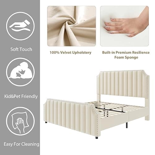 GarveeHome Queen Size Platform Bed Frame with 50.2 in Headboard, Velvet Upholstered Bed Frame Queen with Vertical Channel Tufted Headboard & Footboard, Nailhead Trim, No Box Spring Needed, Cream thumbnail 9