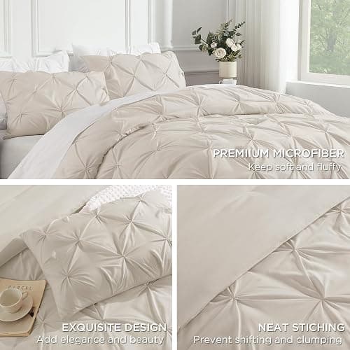 Andency Beige Comforters Queen Size, 3 Pieces Cream Bedding Set & Collections for Women Men, All Season Soft Fluffy Lightweight Pinch Pleat Bed Comforter Set (90x90Inch) thumbnail 6
