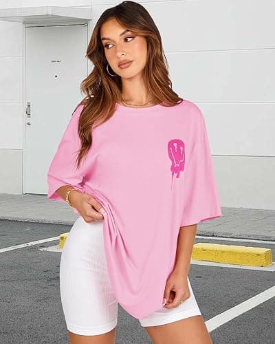 Womens Oversized Tshirt Graphic Tees Crew Neck Summer Short Sleeve Loose Fit Tops - X-Large - A-letter Print Pink thumbnail 4