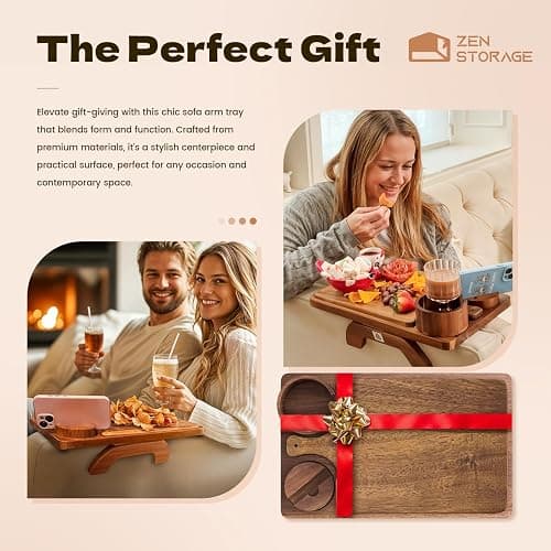 ZenStorage Acacia Wood Couch Arm Table Tray with Charcuterie Board with Phone Holder, Cup Slot & Folding for Wide/Narrow Recliners, Snack Table for Small Spaces TV Entertaining (Natural Wood) thumbnail 5