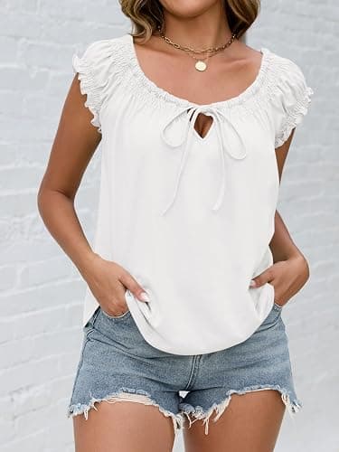 Womens Summer Babydoll Flowy Peplum Tops Cute Cap Ruffle Sleeve Blouse | Scoop Neck Tie Front Tank Top Boho Peasant Blouses Going Out Dressy Pleated Shirts thumbnail 6