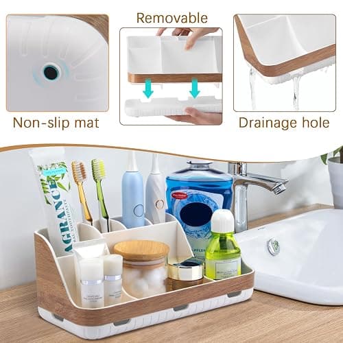 GFWARE Bathroom Countertop Organizer - Detachable 7 Slots Kids Electric Toothbrush and Toothpaste Holde Drainage for Bathroom Accessories Organization Counter Vanity Storage, Woodgrain thumbnail 5