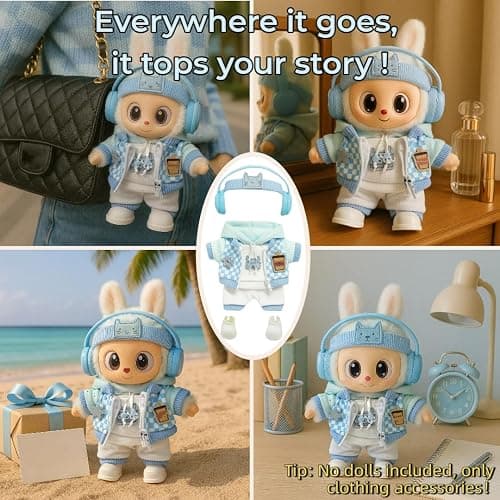 Blue Hoodie Outfit Set for 17cm / 6.69in Doll – Casual Streetwear Clothes with Headphones, Plaid Jacket, Pants and Shoes – (Doll Not Included) thumbnail 5
