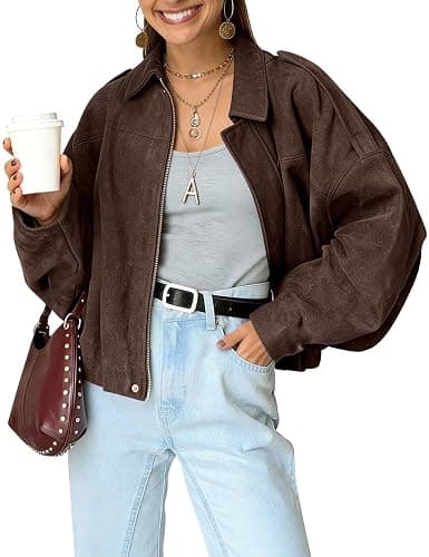 Kissonic Womens Faux Suede Bomber Jacket Oversized Long Sleeve Cropped Coat | Lapel Collar, Batwing Sleeve, Shoulder Straps, Pleated Hems, Zip Up, Casual Trendy Outerwear Streetwear - Image 1