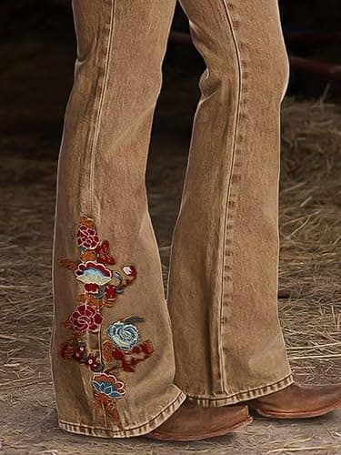 Flamingals Women's Floral Embroidery Mid Waist High Stretch Bootcut Jeans with Pockets thumbnail 2