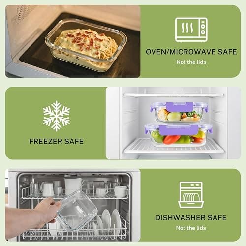 HOMBERKING 8 Pack Glass Food Storage Containers with Lids, Meal Prep Containers, Airtight Bento Boxes with Leak Proof Locking for Microwave, Oven, Freezer and Dishwasher, BPA Free, 5-35oz, purple thumbnail 4
