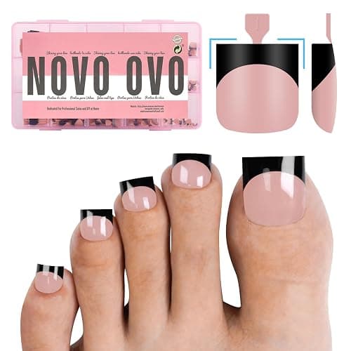 NOVO OVO Halloween Black French Tip Toe Nail Tips Press on, BABY PINK Sharp Square Pre-Designed Soft Gel False Toenail Extension, Medium Wide Fake Toenails, Full Cover Acrylic for DIY 15 Sizes 240 pcs - Image 1