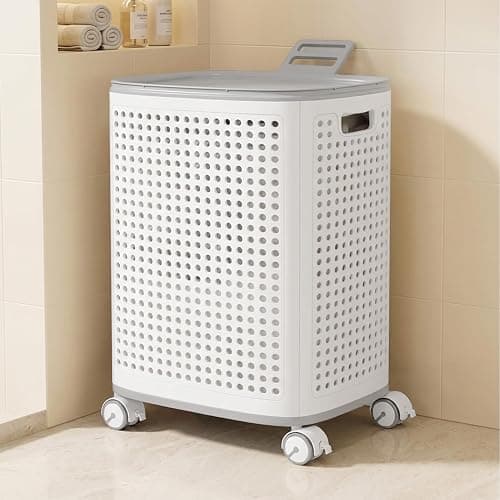 M.J COMFY-LIFE Laundry Basket with 360° Wheels and Lid Large Rolling Clothes Hamper with Built-in Storage Basket Ventilated Design for Laundry Room Bathroom Bedroom (Without Sidebar) thumbnail 7