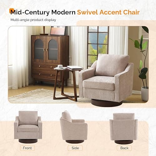 Bonnlo 360° Swivel Armchair, Comfy Accent Chair, Thick Cushion Tub Chair | Mid-Century Armchair with Pillow & Walnut Base, Comfortable Armchair for Living Room, Apartment, Office, Khaki thumbnail 3