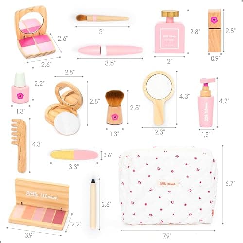 UMU® Wooden Pretend Makeup Kit for Toddlers – Realistic Toy Beauty Set for Girls with Lipstick, Mirror, Perfume, Powder & Cosmetic Bag – Play Makeup for Kids Ages 3 4 5 6 thumbnail 2